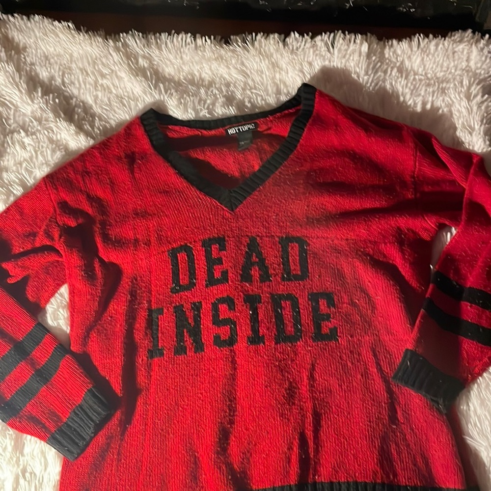 v neck red sweater “dead inside”